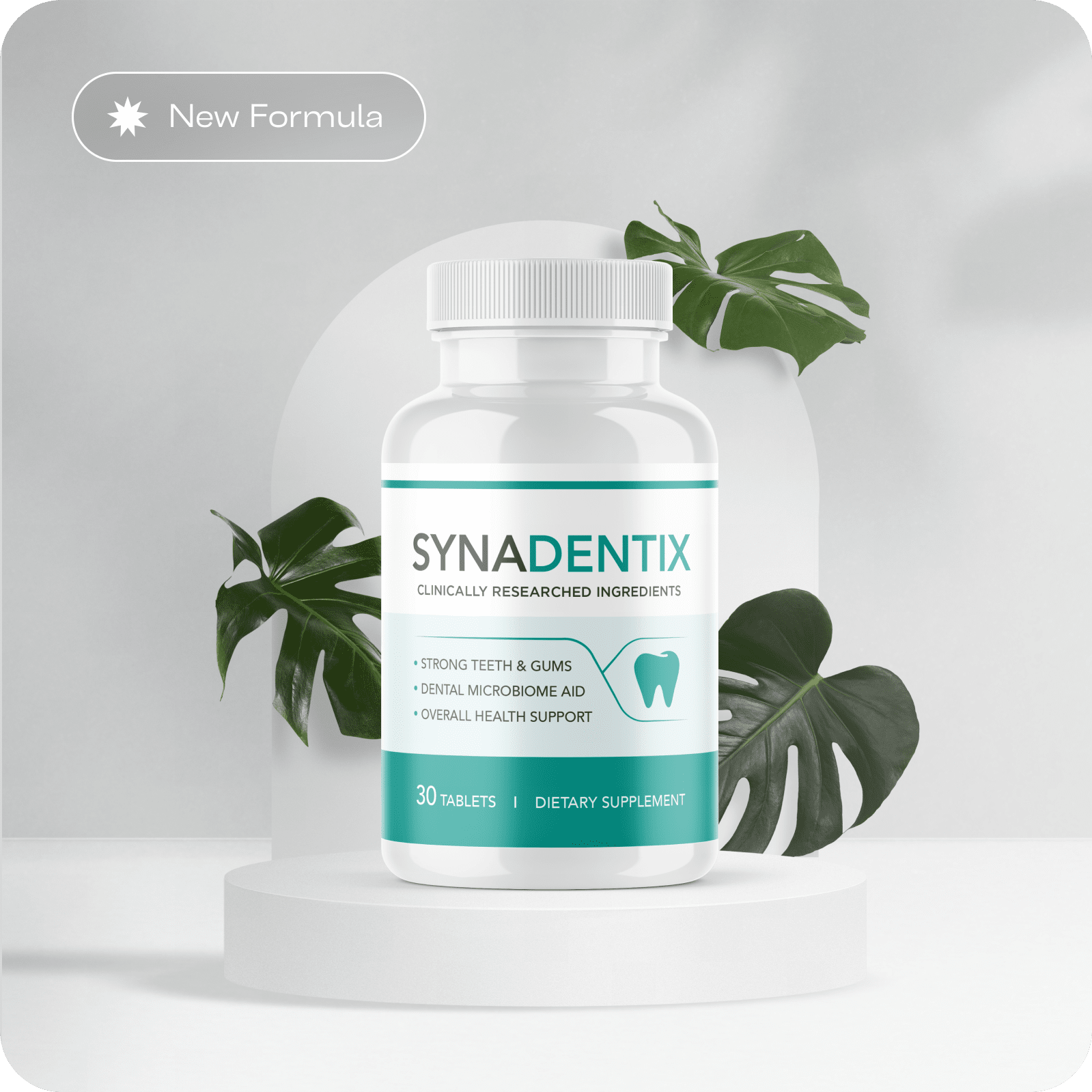 Synadentix chewable oral microbiome supplement bottle and tablets